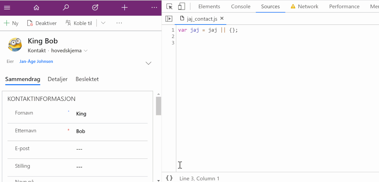 Dynamics 365 form side by side with Chrome DevTools, editing an overridden JavaScript file