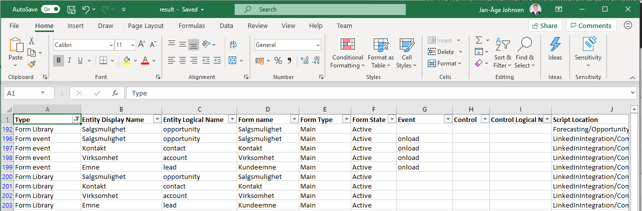 Scripts Finder results exported to Excel showing JavaScript inventory