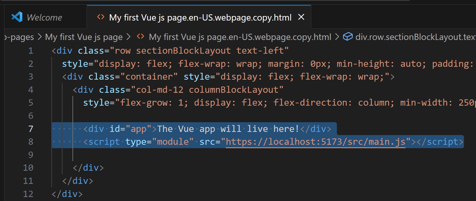 Adding the div and script tag for the Vue app