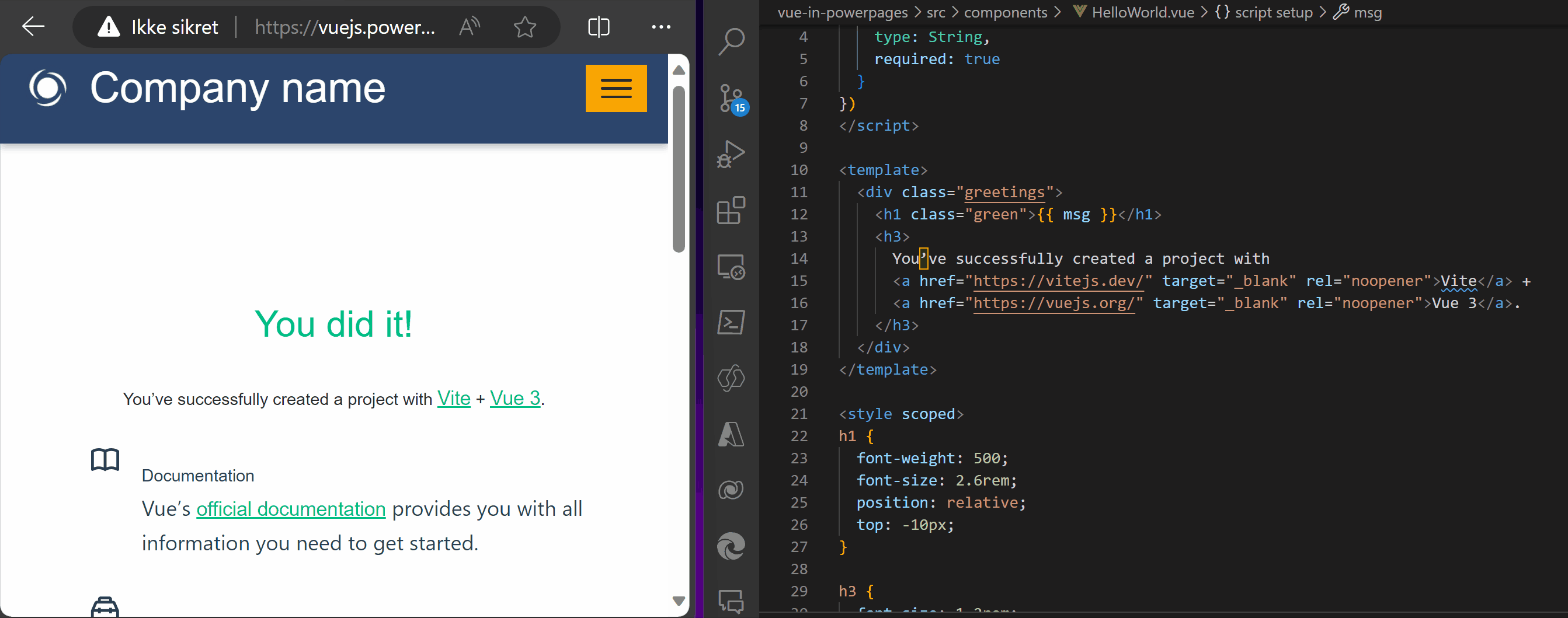 Vue.js app running inside Power Pages with live reload