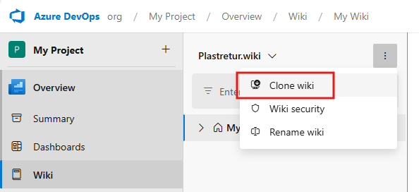 Azure DevOps Wiki page showing the Clone wiki option highlighted in the dropdown menu