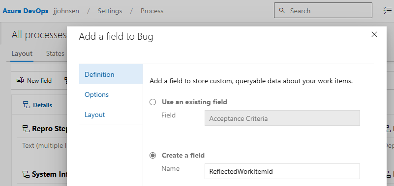 Adding the ReflectedWorkItemId Field to the First Work Item Type (Bug)