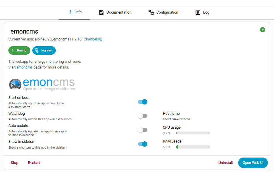 Emoncms add-on info screen