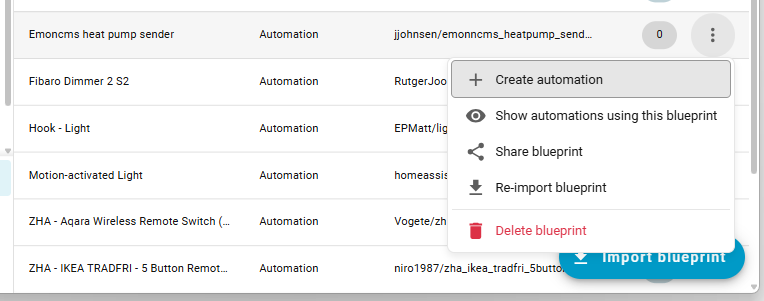 Blueprint menu showing the Create automation action in Home Assistant