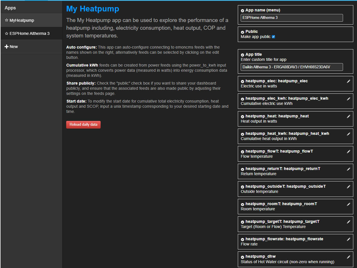 My Heatpump app feed mapping