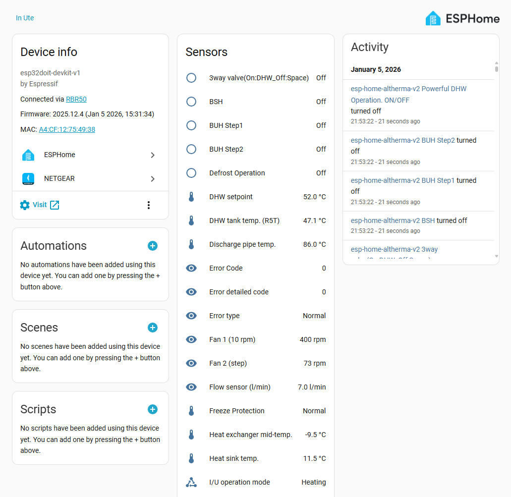Home Assistant dashboard showing Altherma sensor data