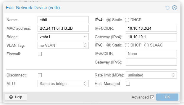 Proxmox LXC network device settings using vmbr1 with static IP 10.10.10.2 and gateway 10.10.10.1